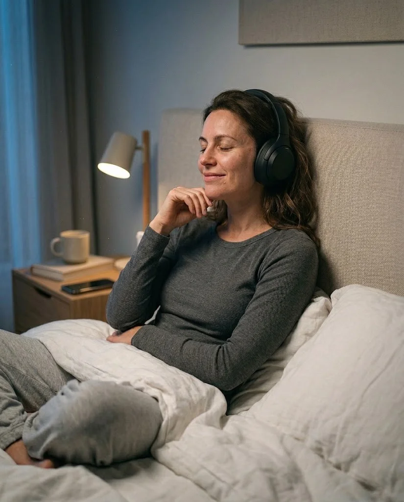 Mujer escuchando una sesión de audio al inicio de la noche