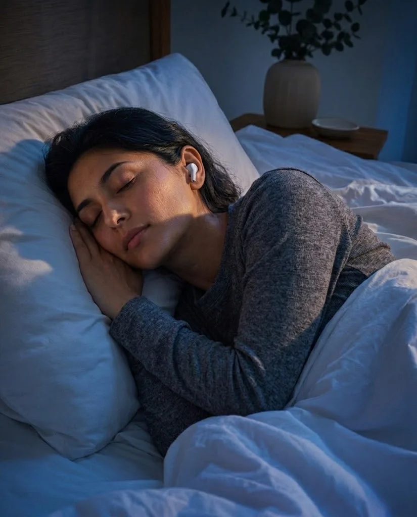 Mujer descansando con audífonos en una habitación tranquila