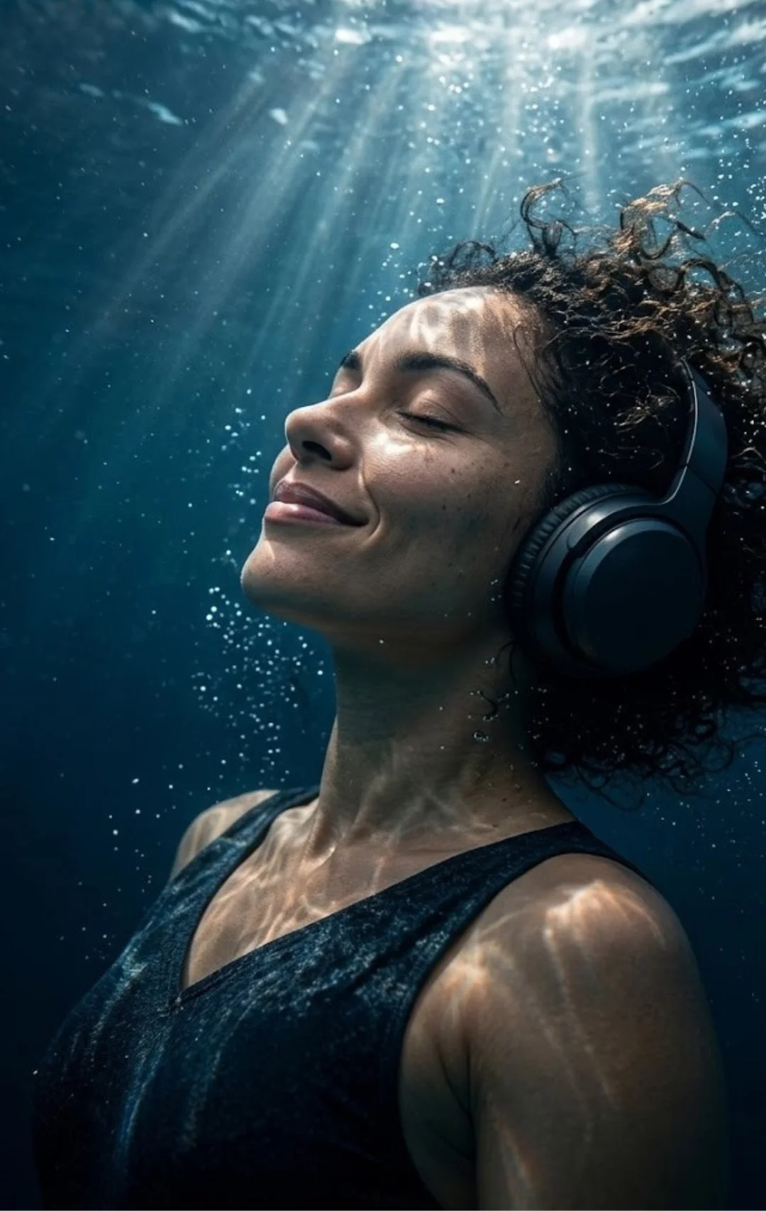 Mujer con audífonos sumergida bajo el agua en una experiencia inmersiva