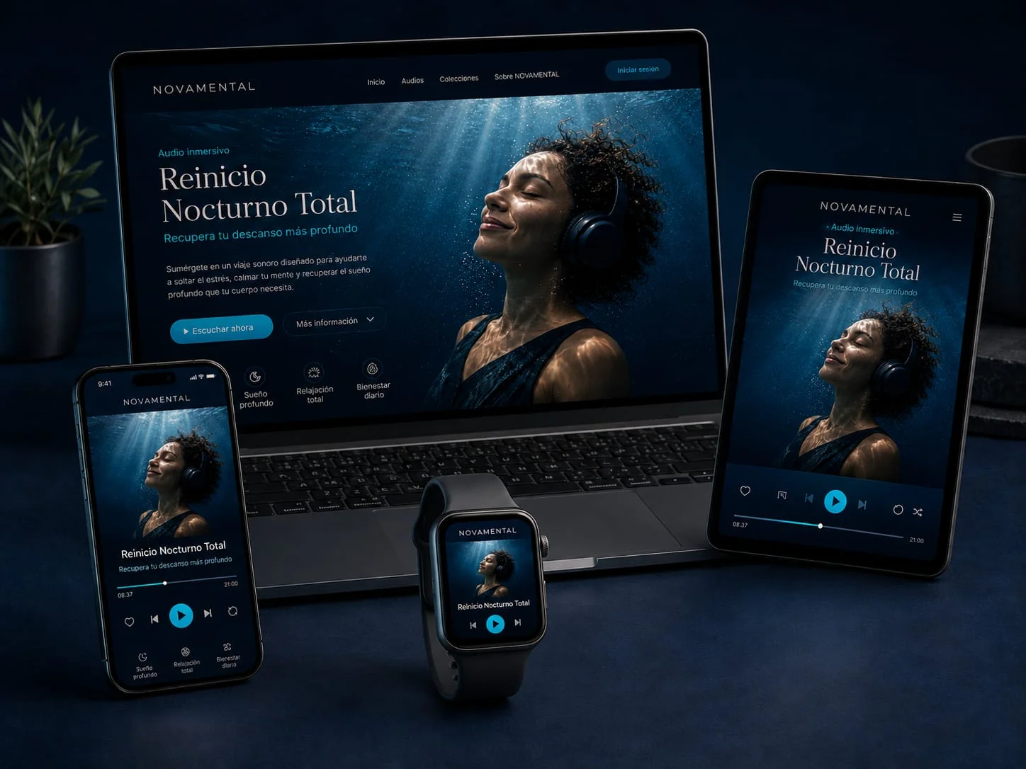 Mockup ilustrativo NOVAMENTAL con notebook, celular, tablet y smartwatch.